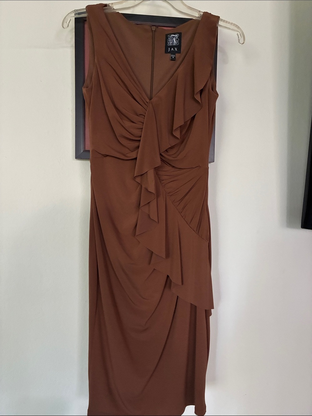 JAX Brown Ruffle Draped Midi Dress